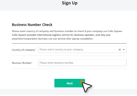 Fill in the country and business registration number and click ‘Next.’