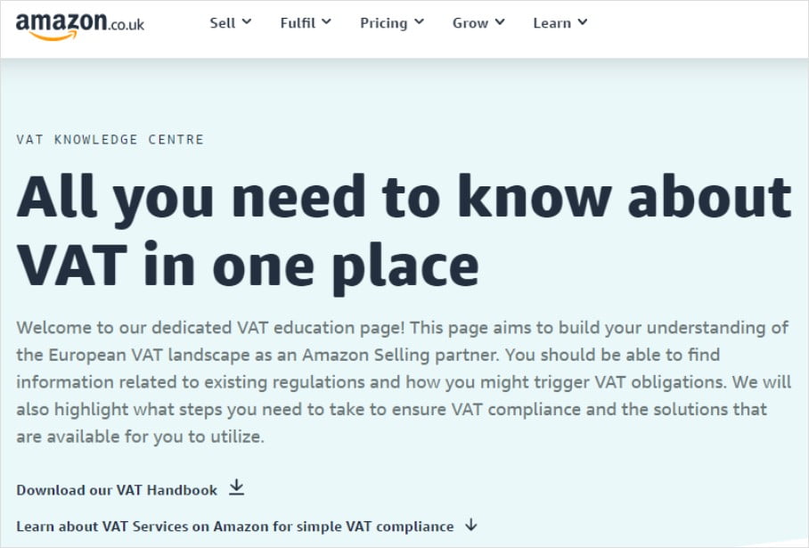 Introductory Page of VAT Services on Amazon