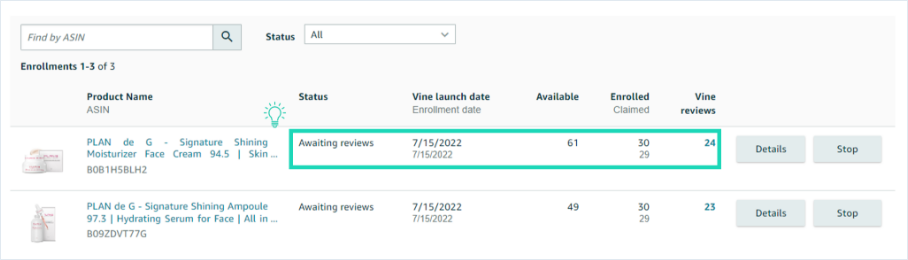 Vine Application Status and Progress View Page