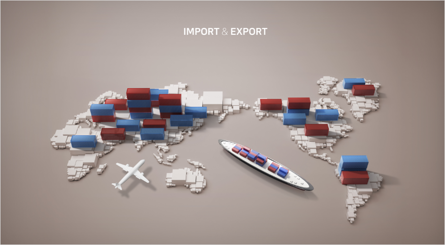 Illustration images of containers, aviation, and ships on the world map