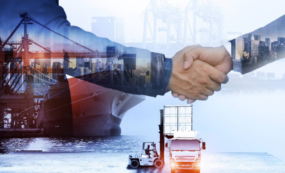 Image of ships, trucks and shaking hands in a sea background
