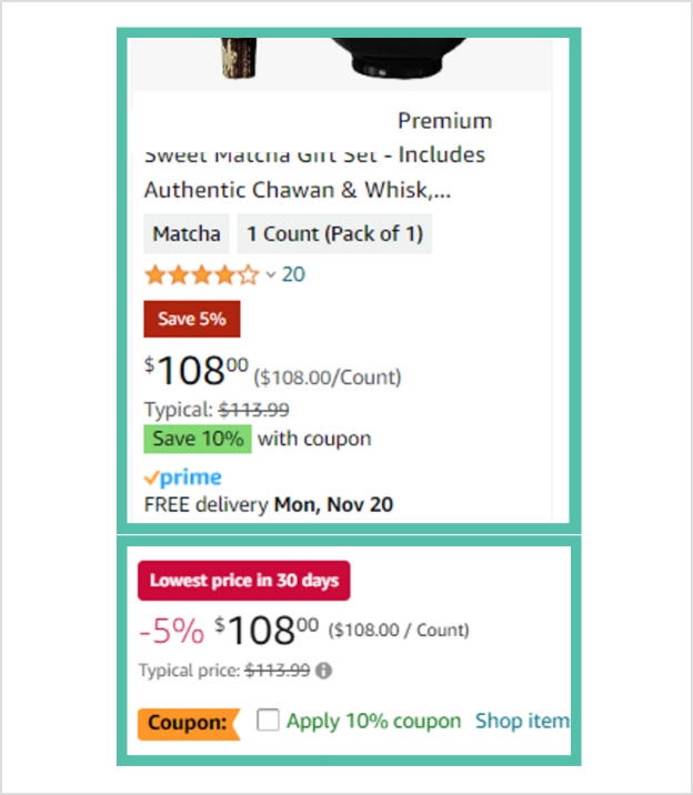 Test 1 Result of price adjustment with a 5% discount or more - Price information in product detail page of Amazon search result