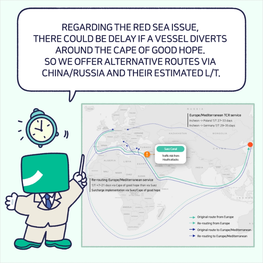 REGARODING THE RED SEA ISSUE, THERE COULD BE DELAY IF A VESSEL DIVERTS AROUND THE CAPE OF GOOD HOPE. SO WE OFFER ALTERNATIVE ROUTES VIA CHINA/RUSSIA AND THEIR ESTIMATED L/T.