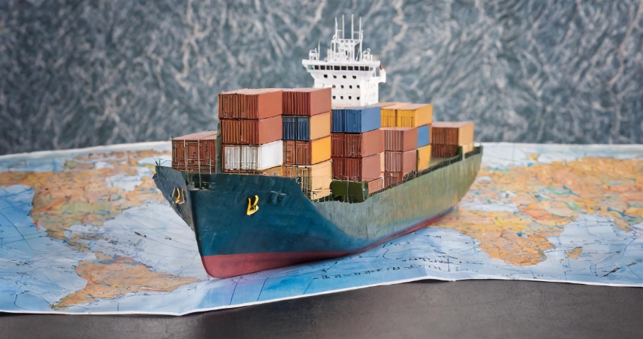 Image of a ship carrying containers on a world map