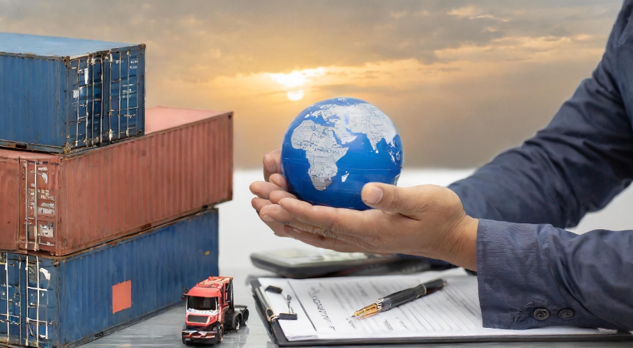 an image of a container and a hand holding a globe