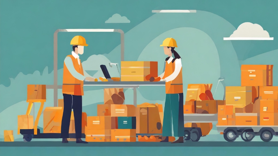 Illustration of people working with lots of boxes