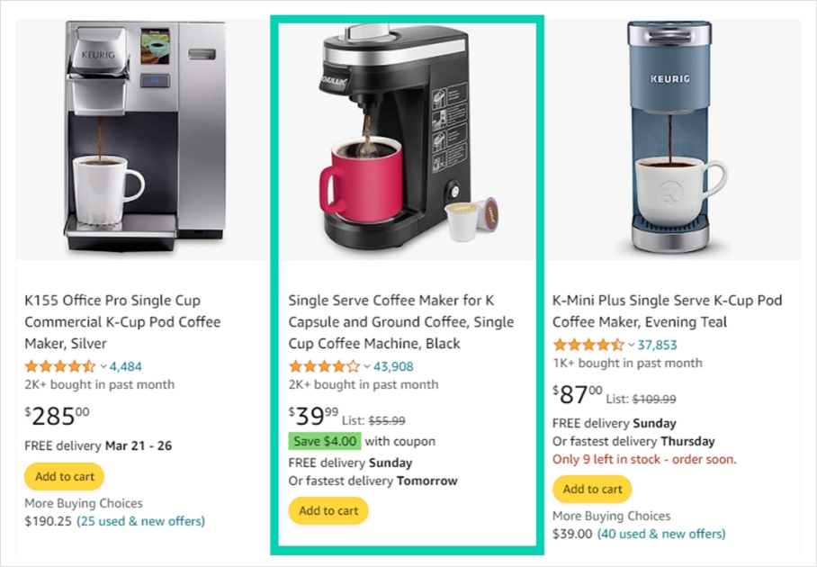 Search results with an Amazon green discount badge