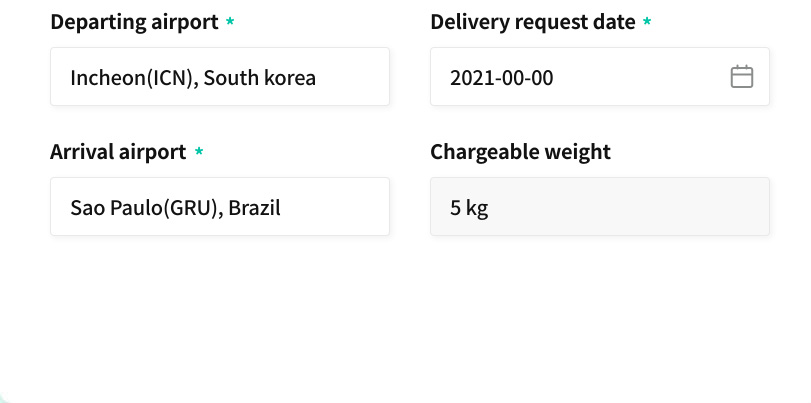Departing airport : Incheon(ICN), South korea / Delivery request date : 2021-00-00 / Arrival airport : Sao Paulo(GRU), Brazil / Chargeable weight : 5 kg