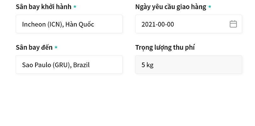 Departing airport : Incheon(ICN), South korea / Delivery request date : 2021-00-00 / Arrival airport : Sao Paulo(GRU), Brazil / Chargeable weight : 5 kg