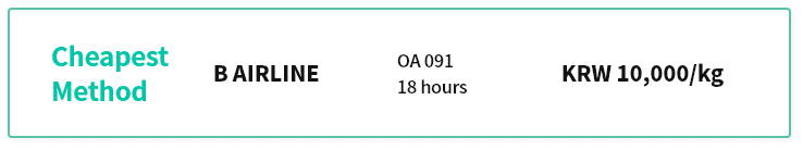 Cheapest method B Airline OA 091 18 Hours KRW 10,000/kg