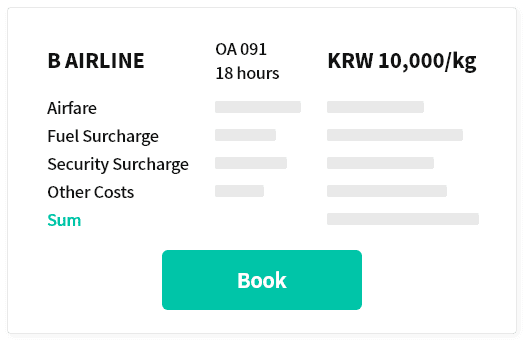 B Airline OA 091
												18 Hours KRW 10,000/kg Airfare Fuel surcharge Security surcharge Other costs Sum