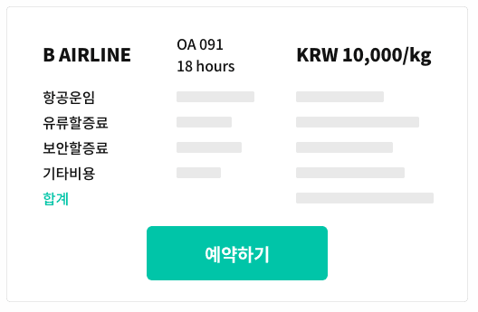 B AIRLINE OA 091
											18 hours KRW 10,000/kg 항공운임 유류할증료 보안할증료 기타비용 합계