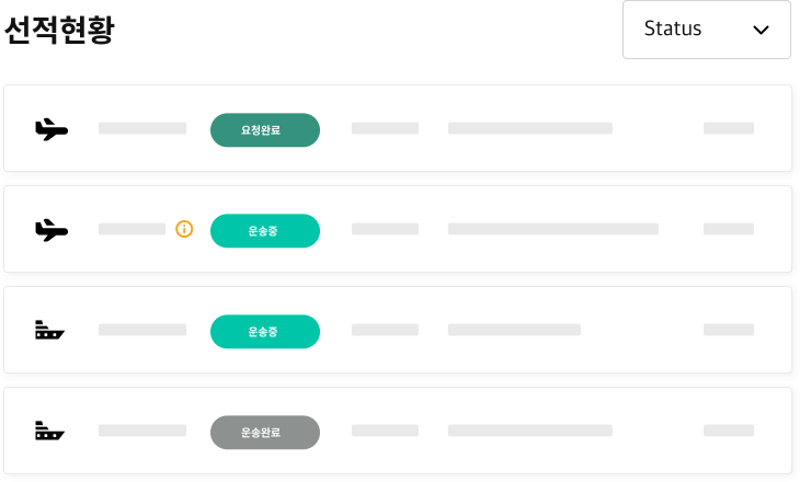 선적현황 : 요청완료, 운송중, 운송중, 운송완료